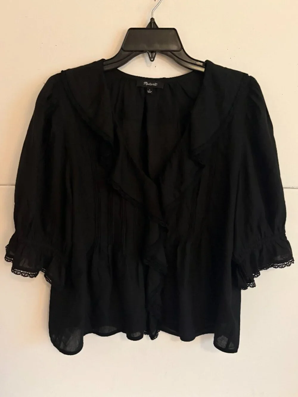 Madewell Black Cotton Pintuck Ruffle Blouse Short Puff Sleeve Victorian Top L